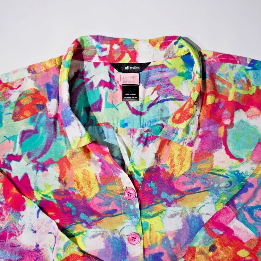 Ali Miles Plus Size 1X Multicolor Abstract Button Blouse Shirt Top Artsy Pockets - Picture 3 of 12
